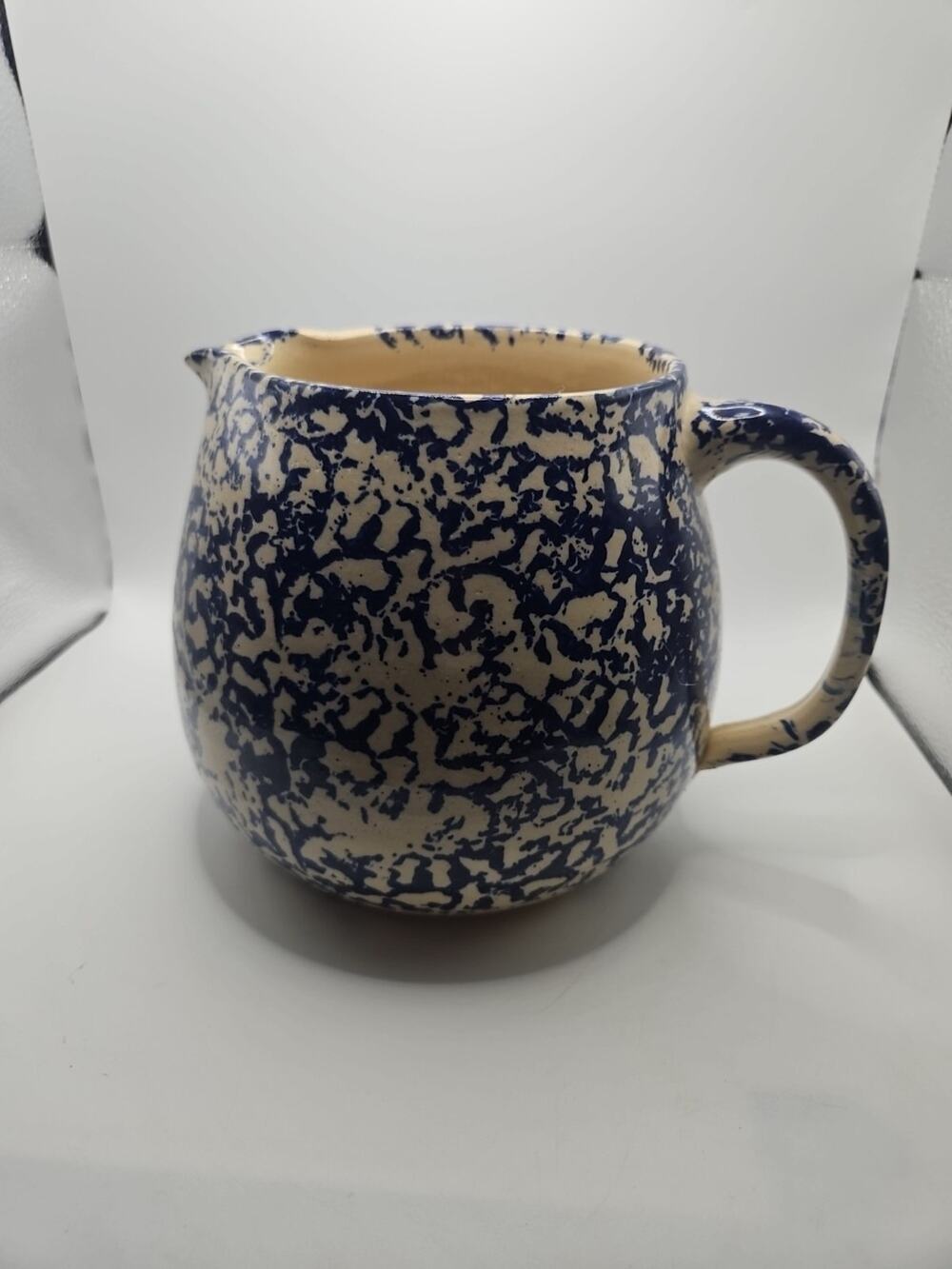Vintage Roseville Ohio Pottery Blue Spongewear 3 Quarts Pitcher Utensils Holder